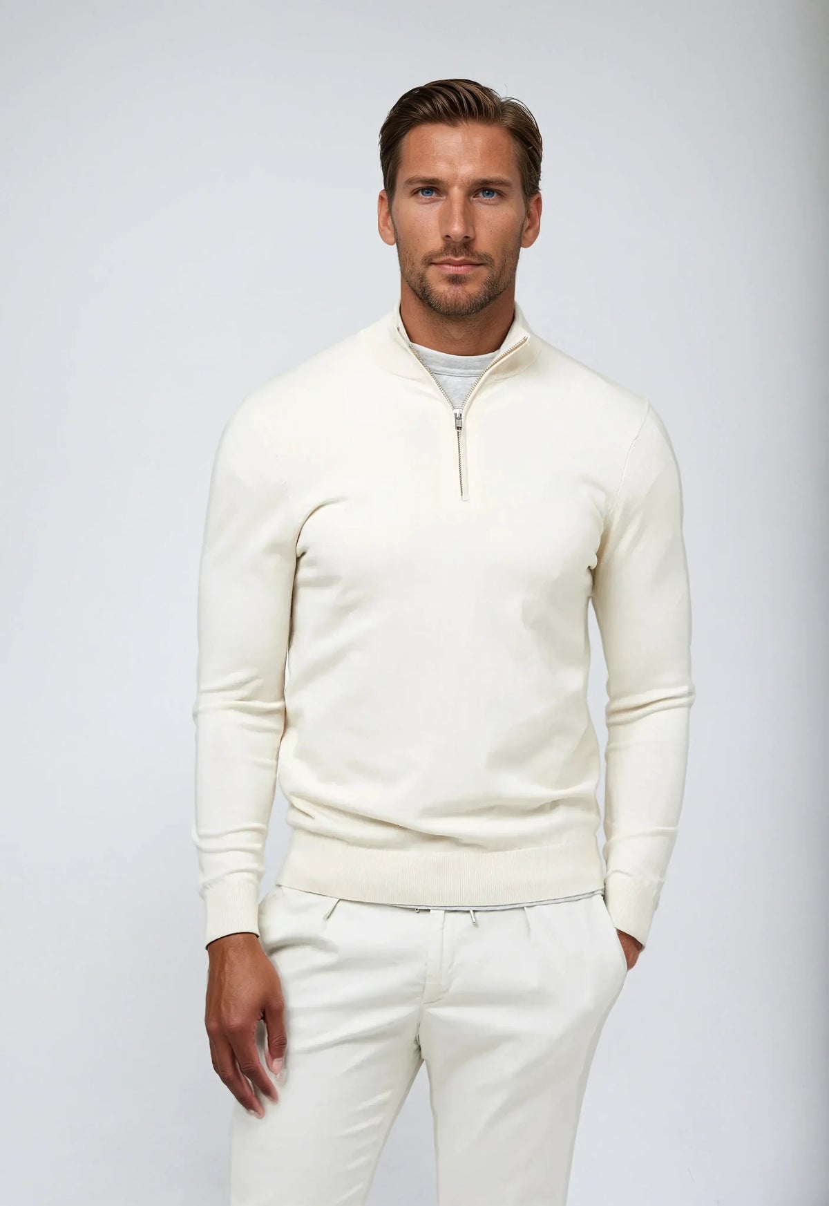 Joël | Essentiële witte sweater met halve rits